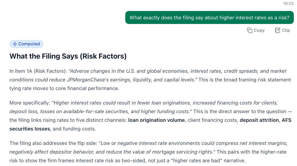 An FFP One chat answer to the question of what a filing says about higher interest rates as a risk. It quotes the exact wording of JPMorganChase's Item 1A Risk Factors section, then sets out the five channels through which the filing links rising rates to the business.