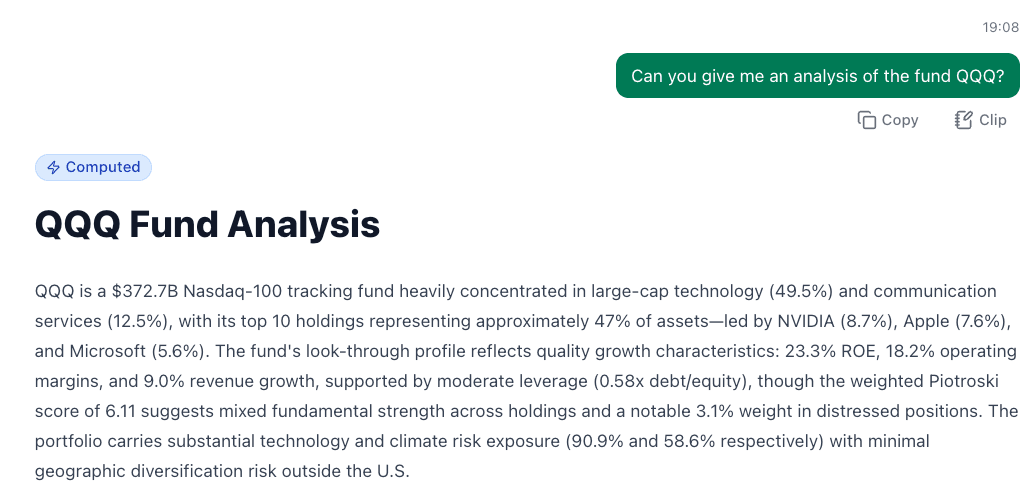 An FFP One look-through analysis of the QQQ fund, showing sector concentration, top holdings, and aggregate quality metrics computed across the fund's underlying companies, including return on equity, operating margin, leverage and technology and climate risk exposure.