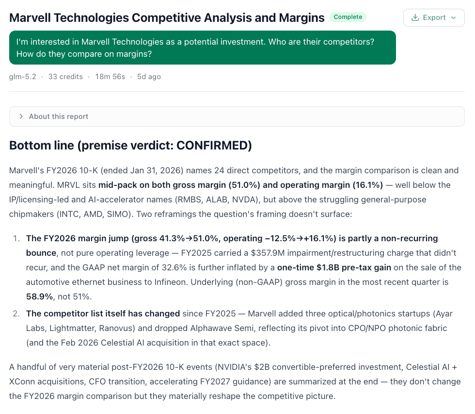 An FFP One Research Mode report titled Marvell Technologies Competitive Analysis and Margins, opening with a bottom-line section that confirms the question's premise and flags a one-off gain behind the margin jump.