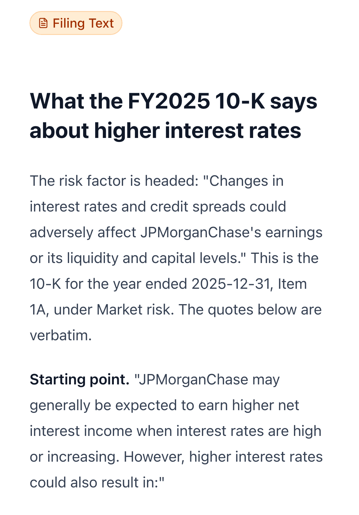 An FFP One chat answer labeled Filing Text, headed What the FY2025 10-K says about higher interest rates. It quotes JPMorganChase's Item 1A risk factor verbatim, including a list of the ways higher rates could hurt the business.
