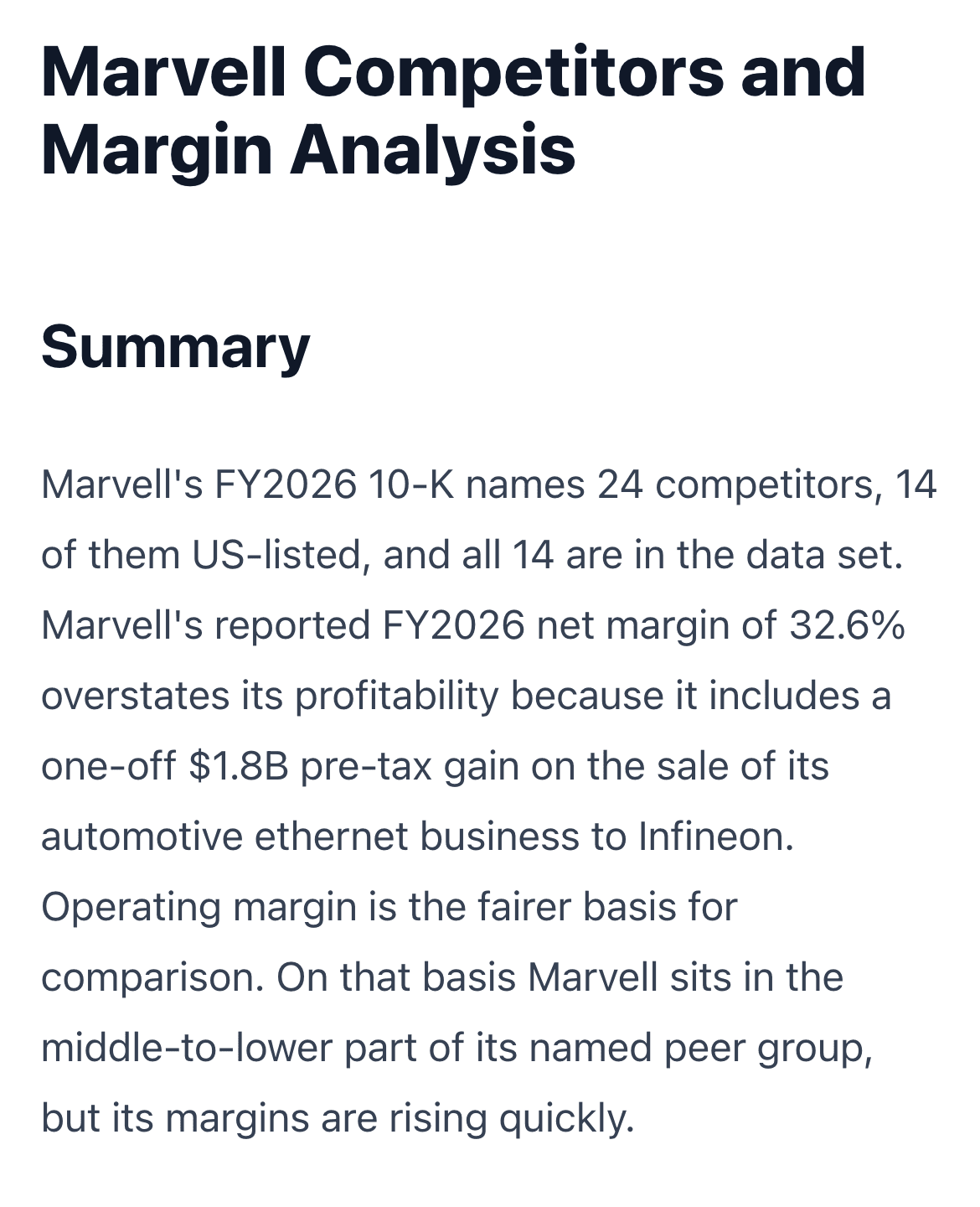 An FFP One memo titled Marvell Competitors and Margin Analysis, made from the Research Report of the same name, opening with a summary of its findings.
